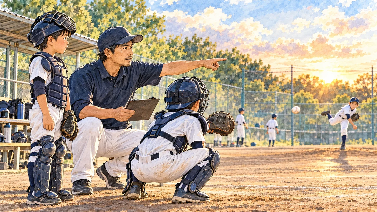 パパコーチと2人の少年野球キャッチャーがブルペンで交代練習をする水彩イラスト