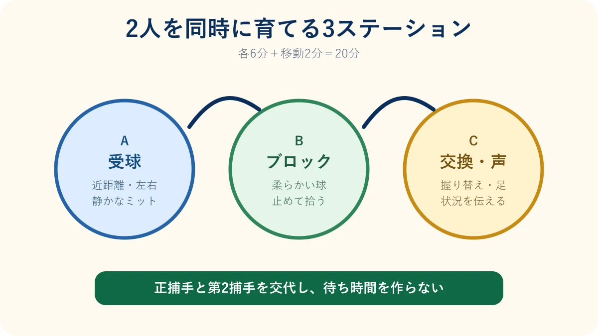 正捕手と第2捕手を受球・ブロック・交換と声の3ステーションで育てる図解