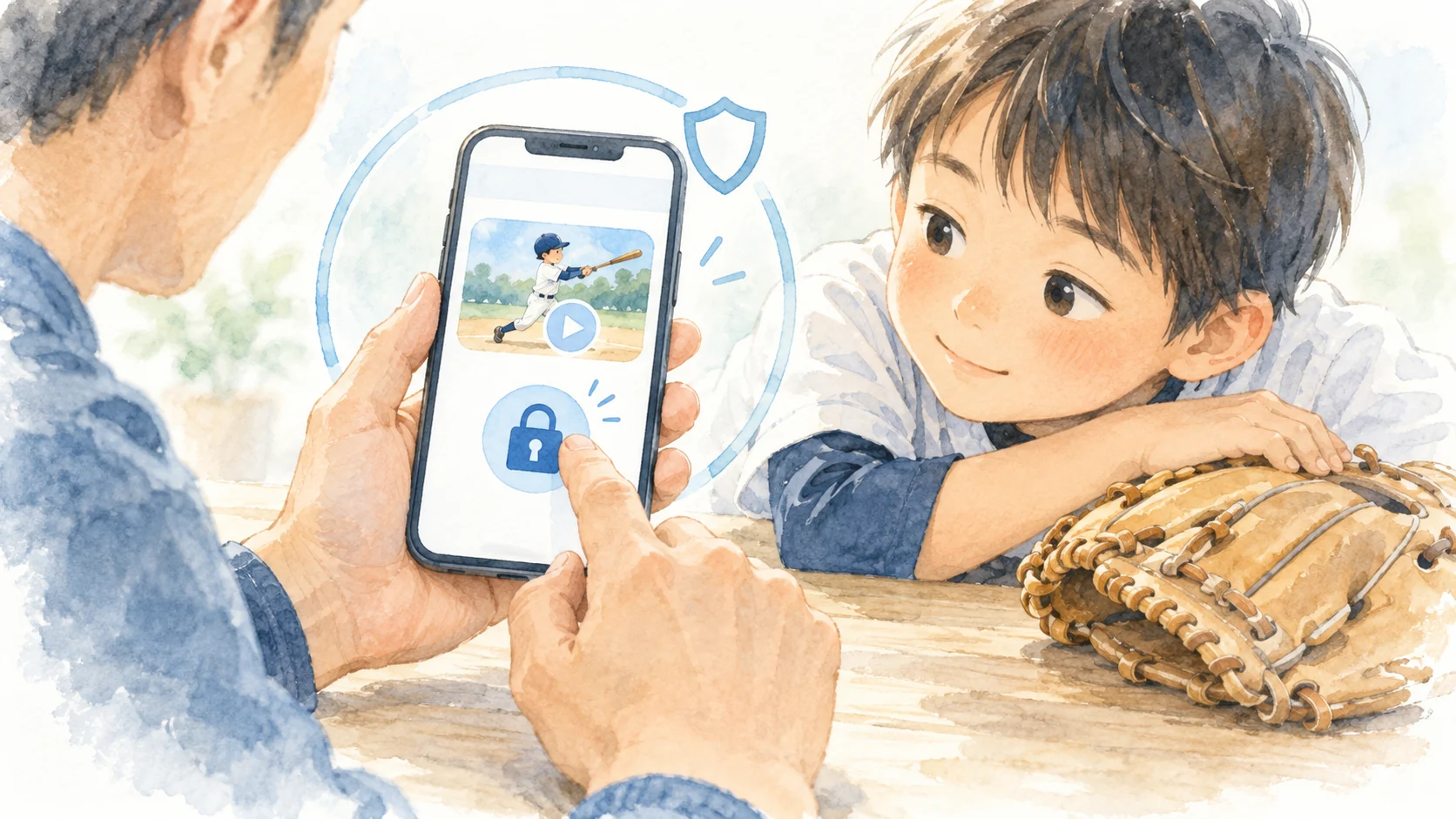 子どもの野球動画を送る前に、親子でスマホの公開設定を確認するイラスト