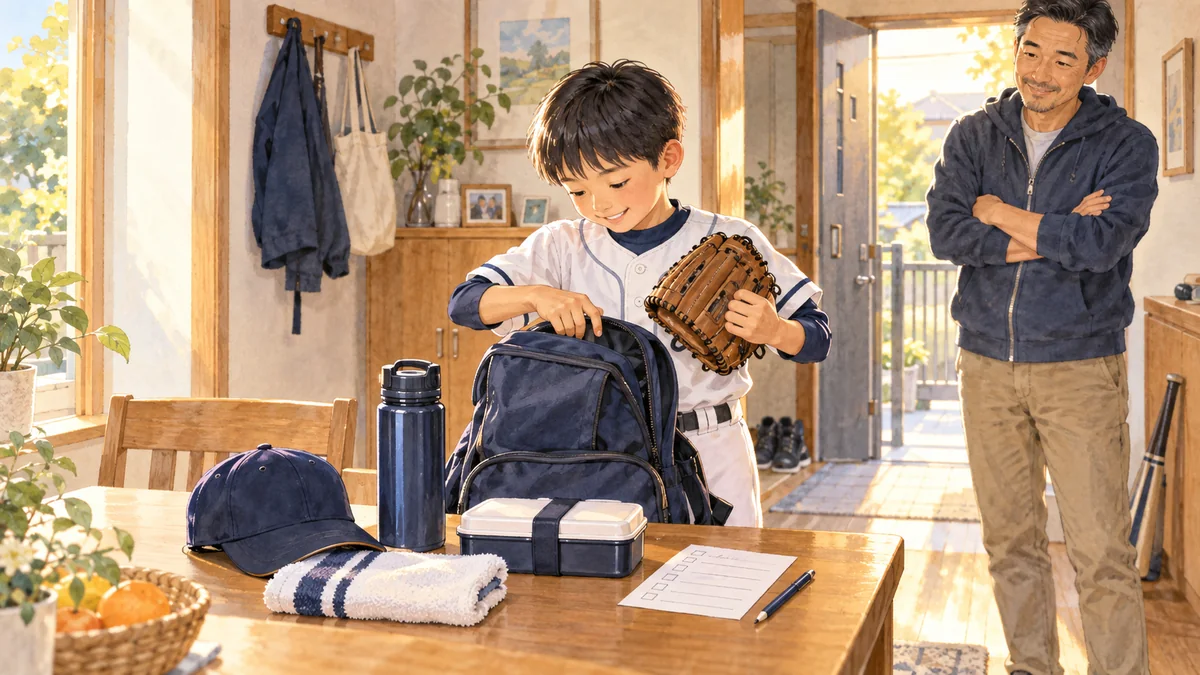 少年野球の道具を自分でリュックに入れる子どもと見守るパパ