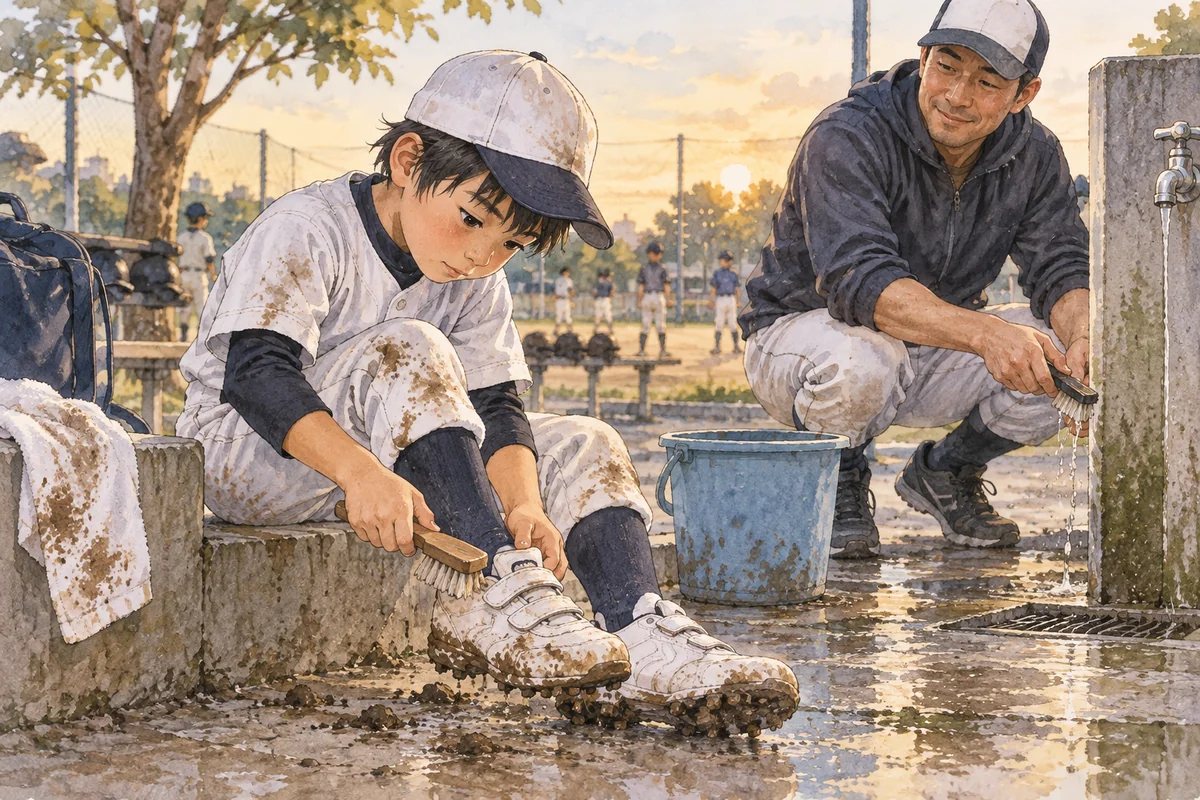 泥の付いたマジックテープ式少年野球スパイクを子どもが手入れするイラスト
