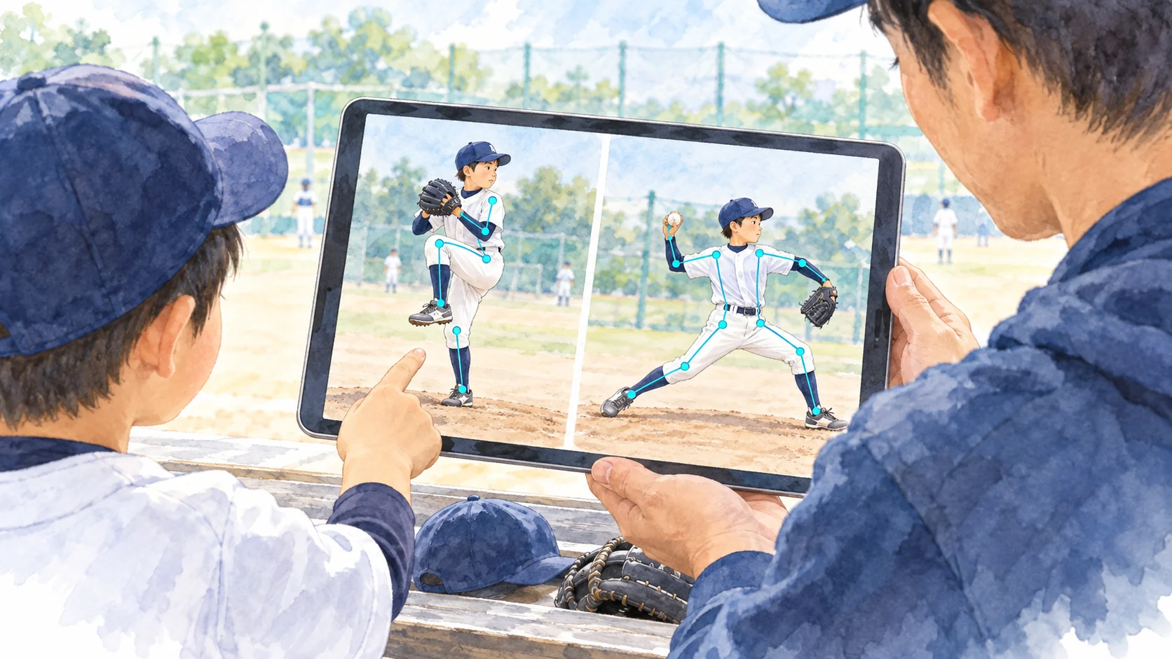投球動画と骨格線をタブレットで並べ、親子で動きの違いを見るイラスト