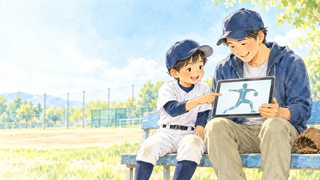 野球の投球フォームを映したタブレットを親子で見返す水彩イラスト