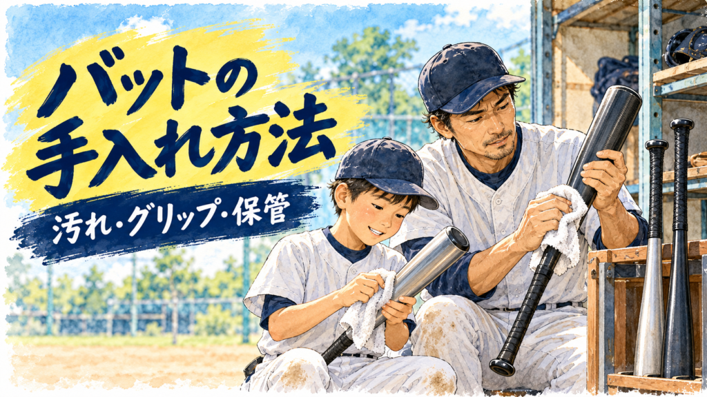 少年野球バットの汚れを拭いて手入れするパパコーチと少年