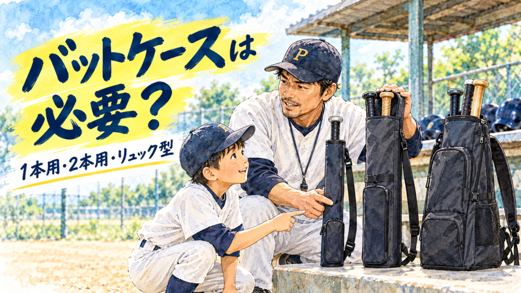 少年野球用の1本・2本・リュック型バットケースを比べる親子