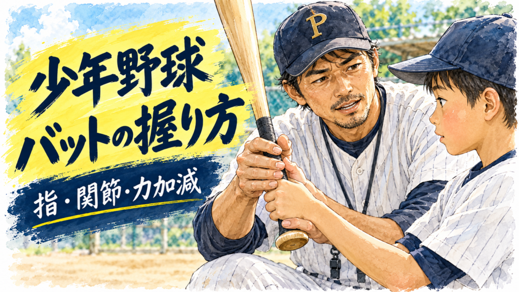 少年野球のバットの握り方を教えるパパコーチ