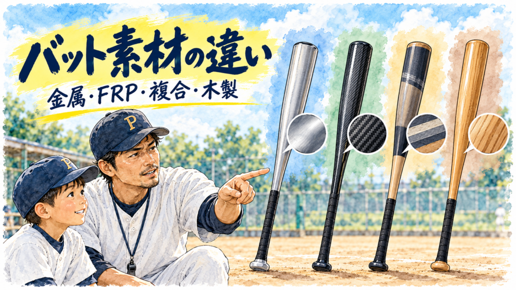 金属・FRP・複合・木製の少年野球バット素材を比較する親子