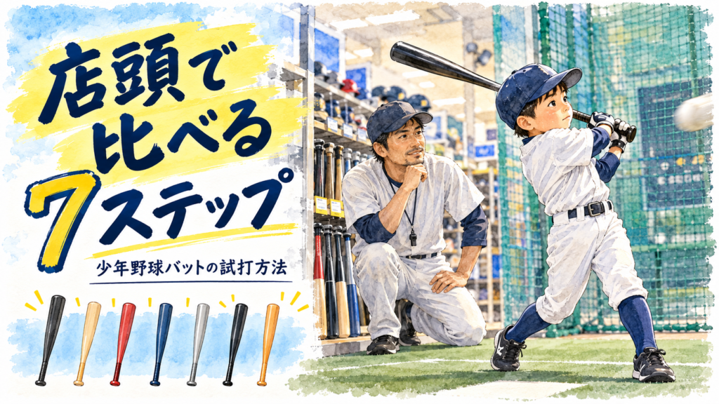店頭で少年野球バットを試打して比べる親子