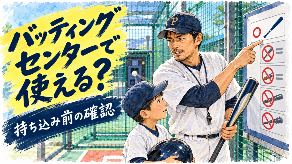 バッティングセンターへのバット持ち込み規則を確認する親子