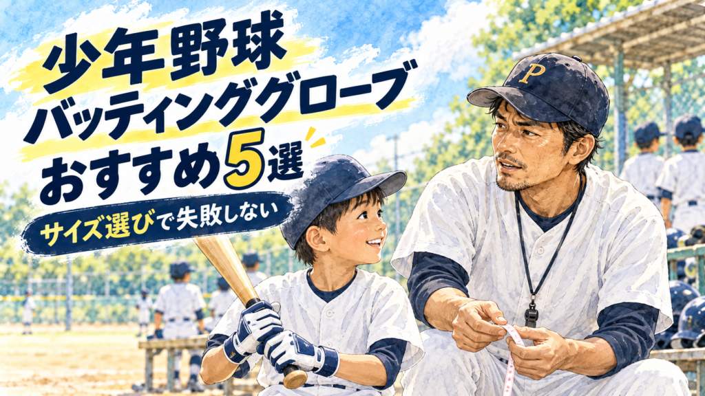 少年野球のバッティンググローブおすすめ5選を紹介するパパコーチの水彩イラスト