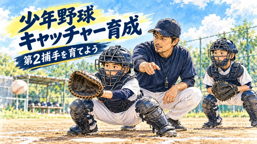 少年野球のキャッチャー育成と第2捕手の練習を描いたアイキャッチ