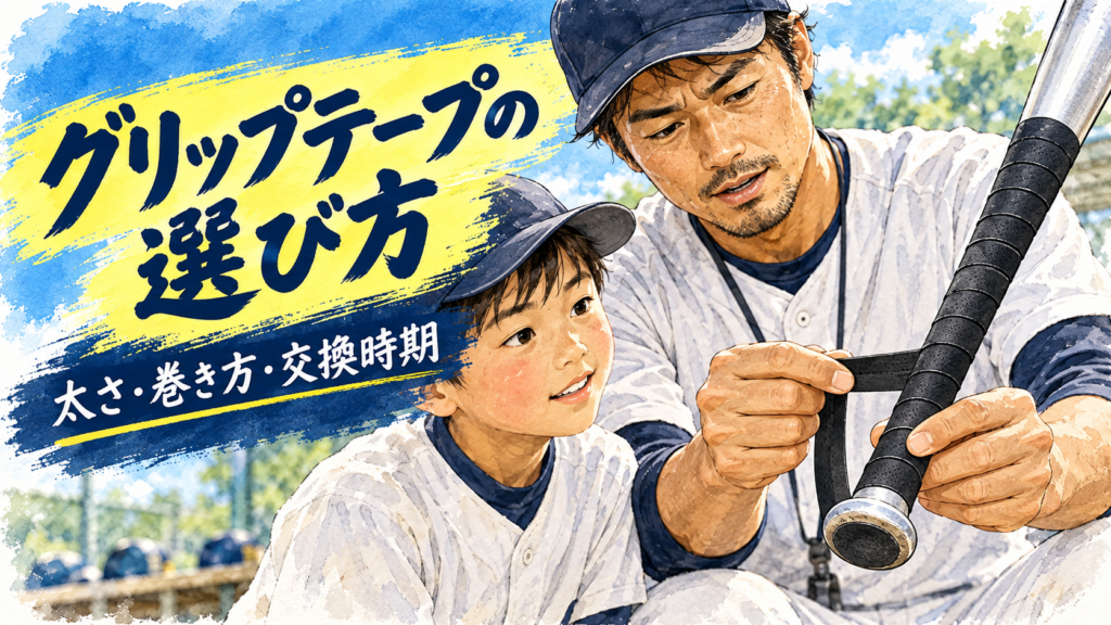 少年野球バットのグリップテープを巻くパパコーチと少年
