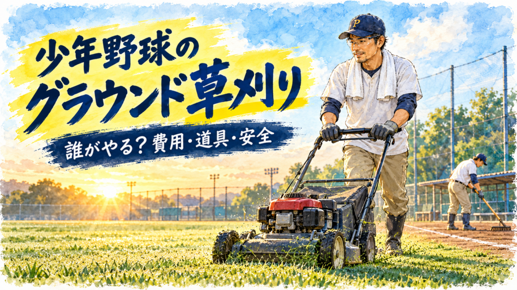 少年野球グラウンドを整備するパパコーチの水彩イラスト