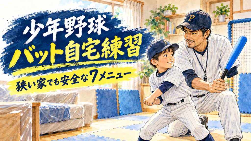 狭い家で安全に少年野球のバット自宅練習を教えるパパコーチ