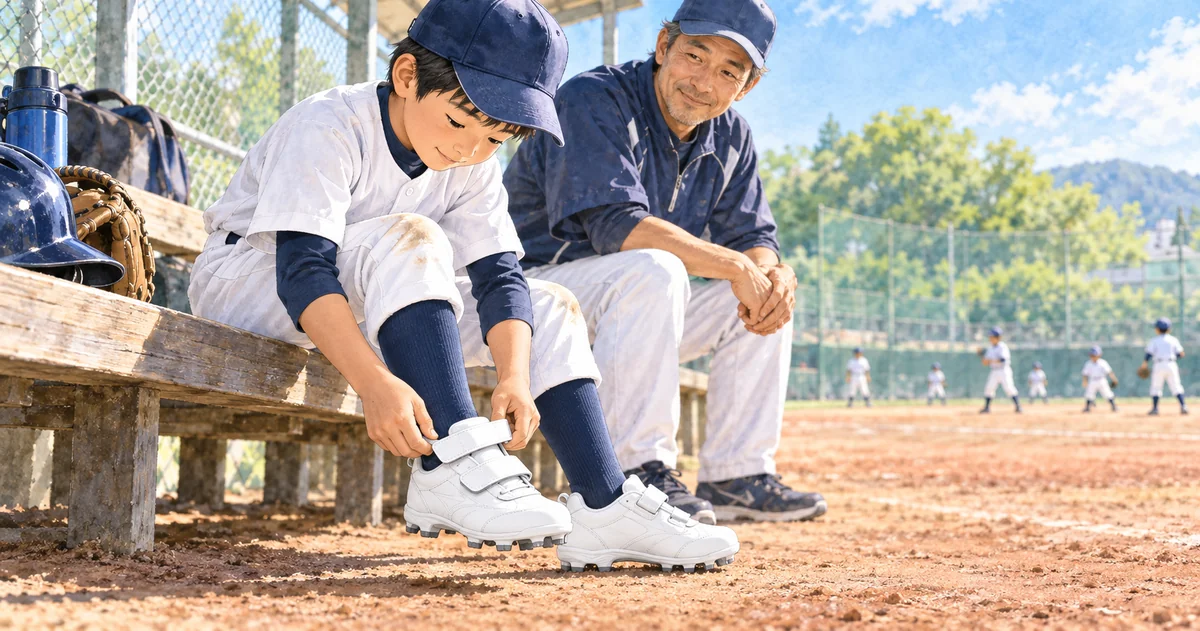 少年野球のマジックテープ式スパイクを自分で締める低学年の選手