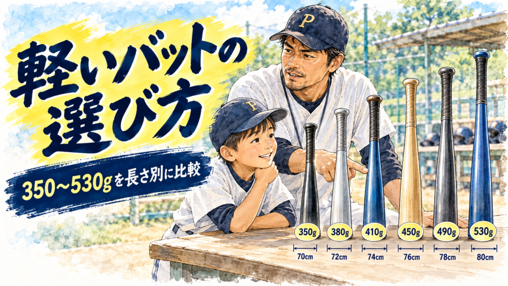 350gから530gの軽い少年野球バットを長さ別に比べる親子