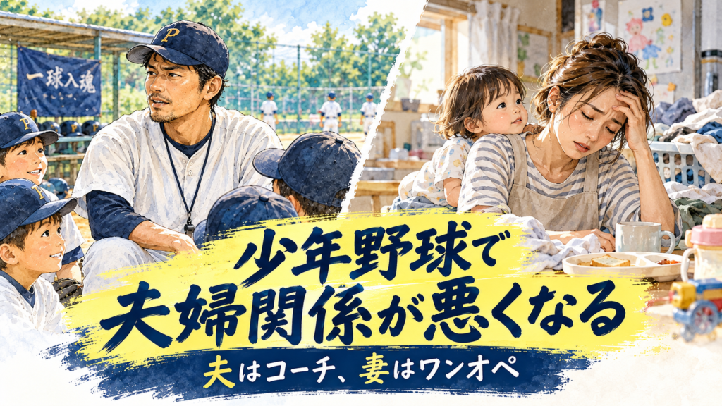 少年野球で夫がコーチ、妻がワンオペになる家庭を描いた水彩イラスト