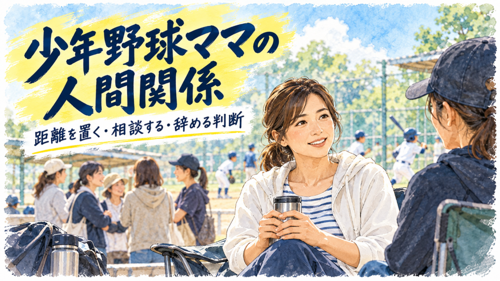 少年野球の母親同士の人間関係を描いた水彩イラスト