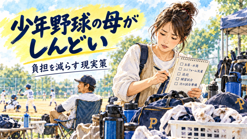 少年野球でしんどさを抱える母親と家族を描いた水彩イラスト