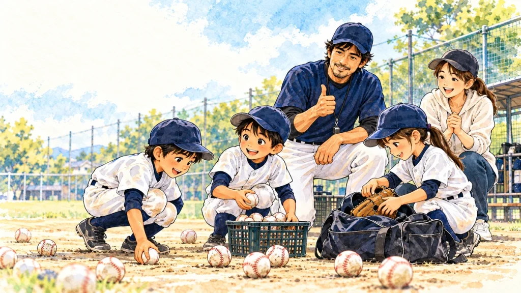 自分たちで球拾いと道具の片づけをする子どもを見守るパパコーチの水彩イラスト
