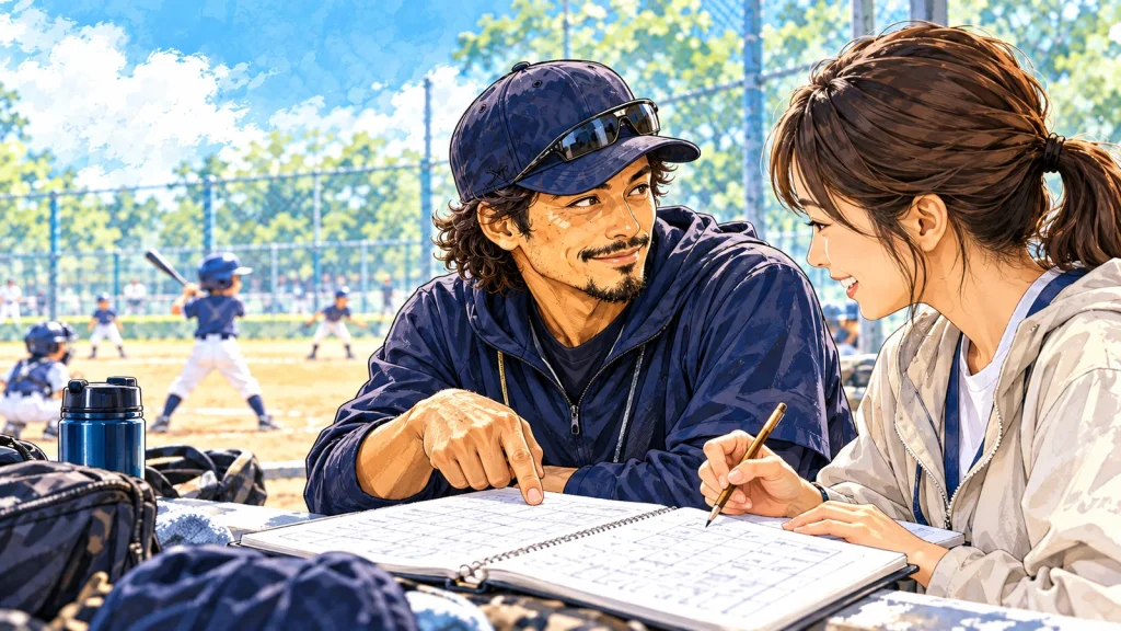 少年野球のグラウンドで、パパコーチと保護者がスコアブックの記入を確認する水彩イラスト
