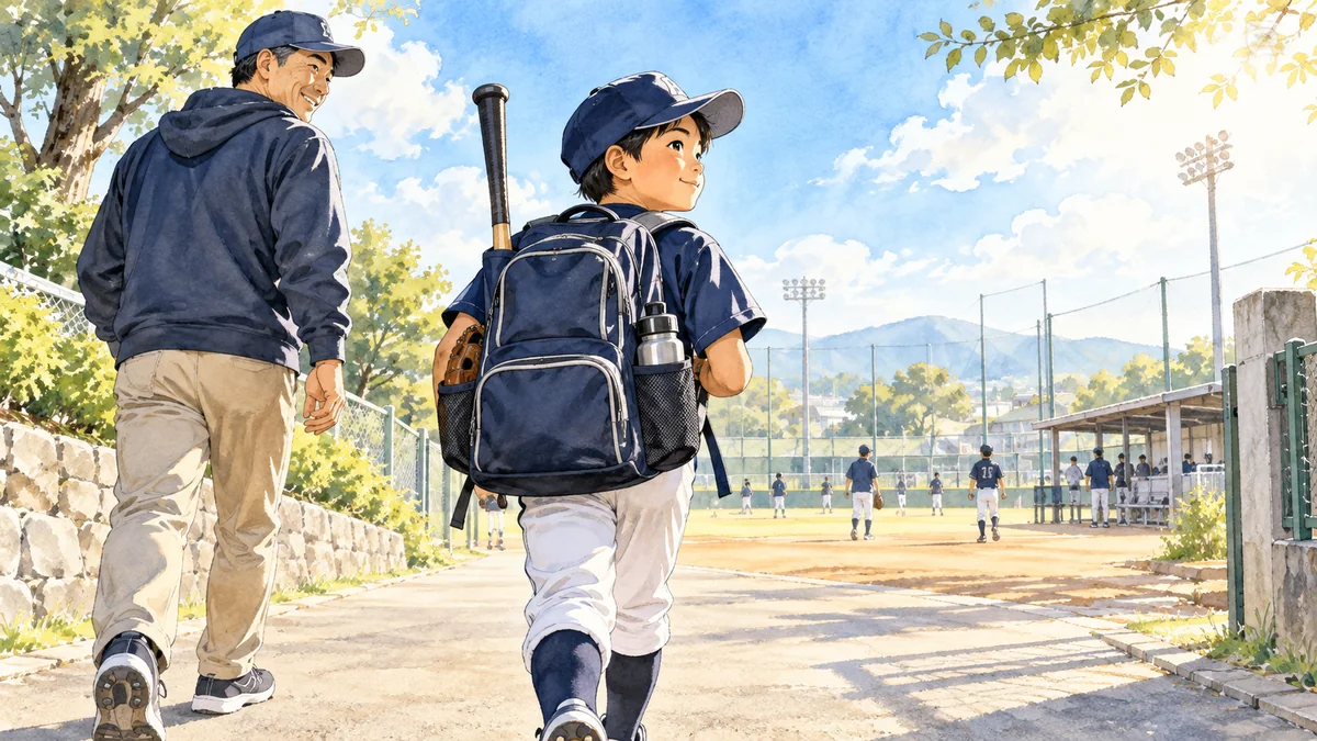 少年野球の練習へリュックを背負って向かう子どもとパパコーチ