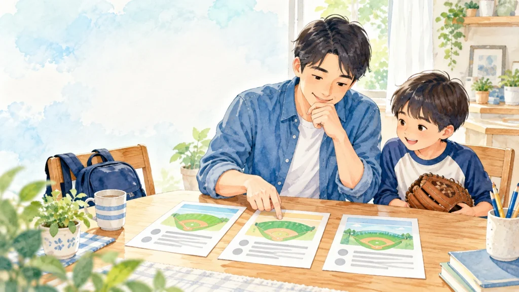 野球チームの募集チラシを並べ、小学生の子どもと父親が内容を確認している水彩イラスト