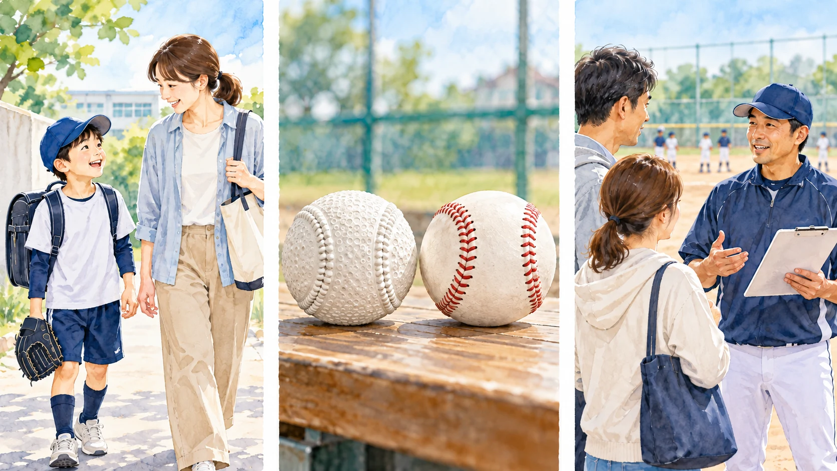 小学生の親子、軟式球と硬式球の外観イメージ、所属先をコーチに質問する親を並べた図解