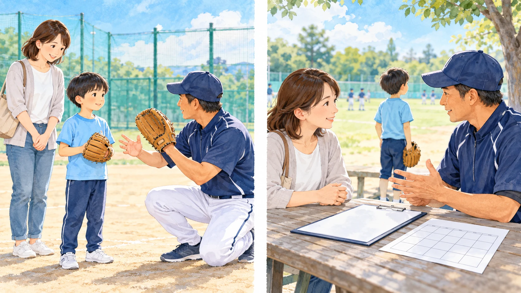 初めての野球体験で説明を聞く親子と、別の場面で登録や大会条件を担当者へ質問する保護者の比較図