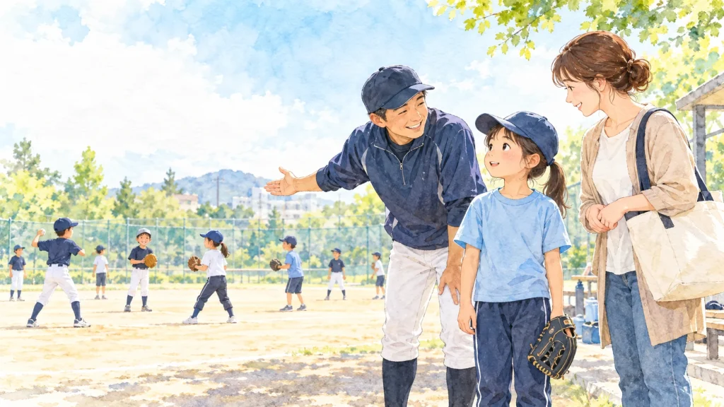 初めての野球体験で、小学生の女の子と母親がグラウンドの端でコーチに話を聞く様子