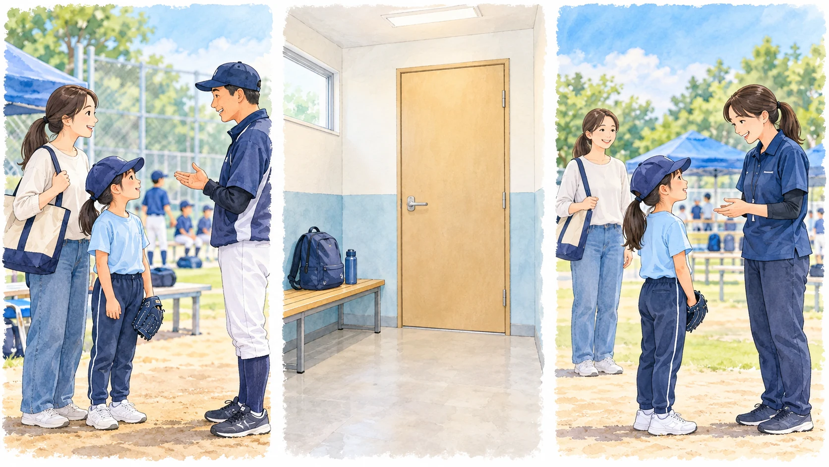 親子が受け入れを質問する場面、外から見えない着替え場所の入口、女の子がスタッフへ相談する場面の図解
