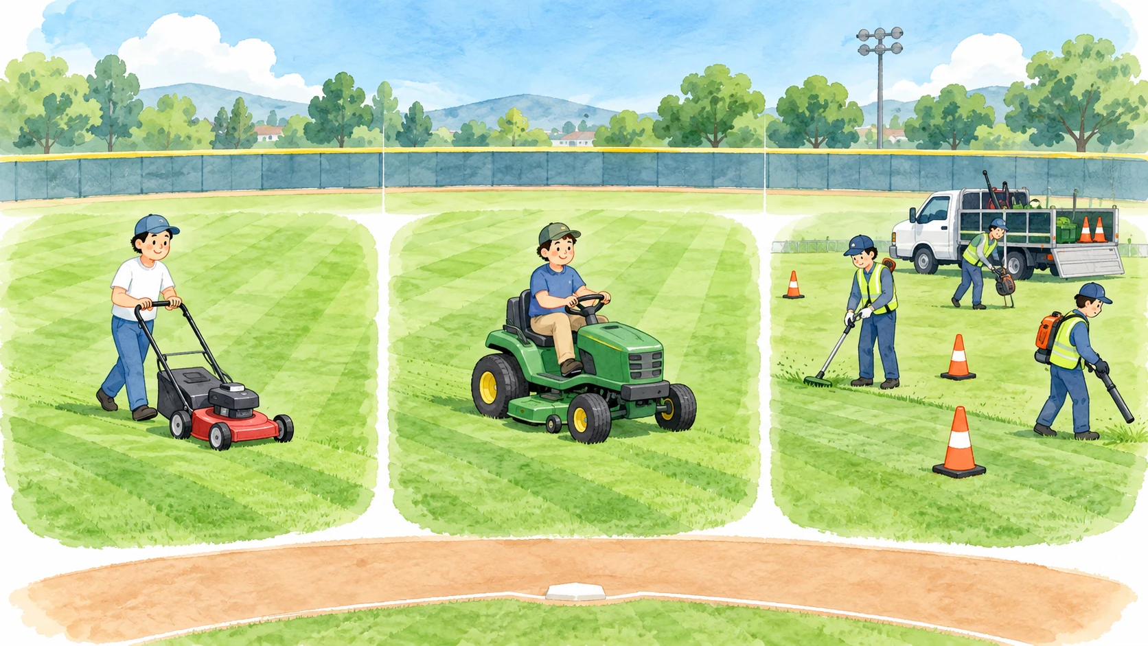少年野球場で歩行式・乗用式・刈払機を使い分けて草刈りする水彩イラスト