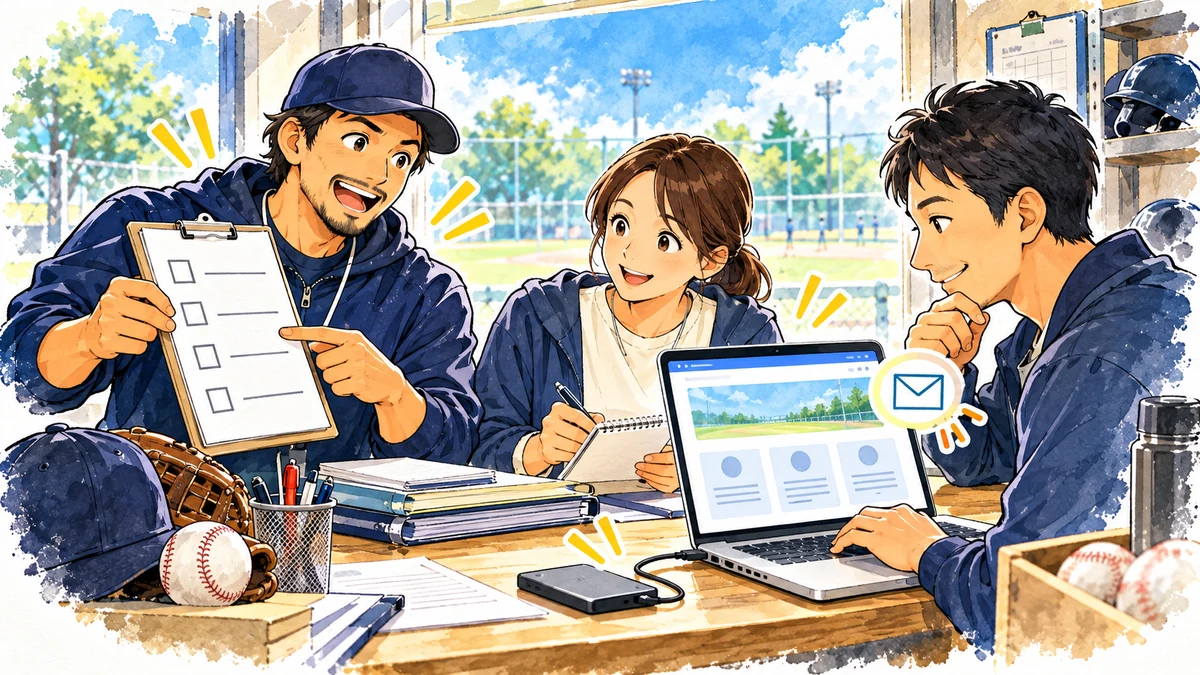 パパコーチと複数の保護者がチェックリスト、問い合わせ受信、バックアップを確認して引き継ぐ水彩イラスト