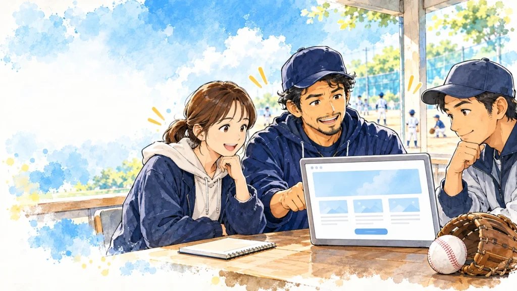パパコーチと保護者がチームのホームページを相談しながら作る水彩イラスト
