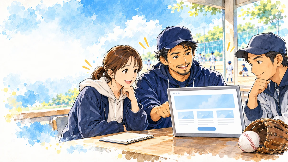 パパコーチと保護者がチームのホームページを相談しながら作る水彩イラスト
