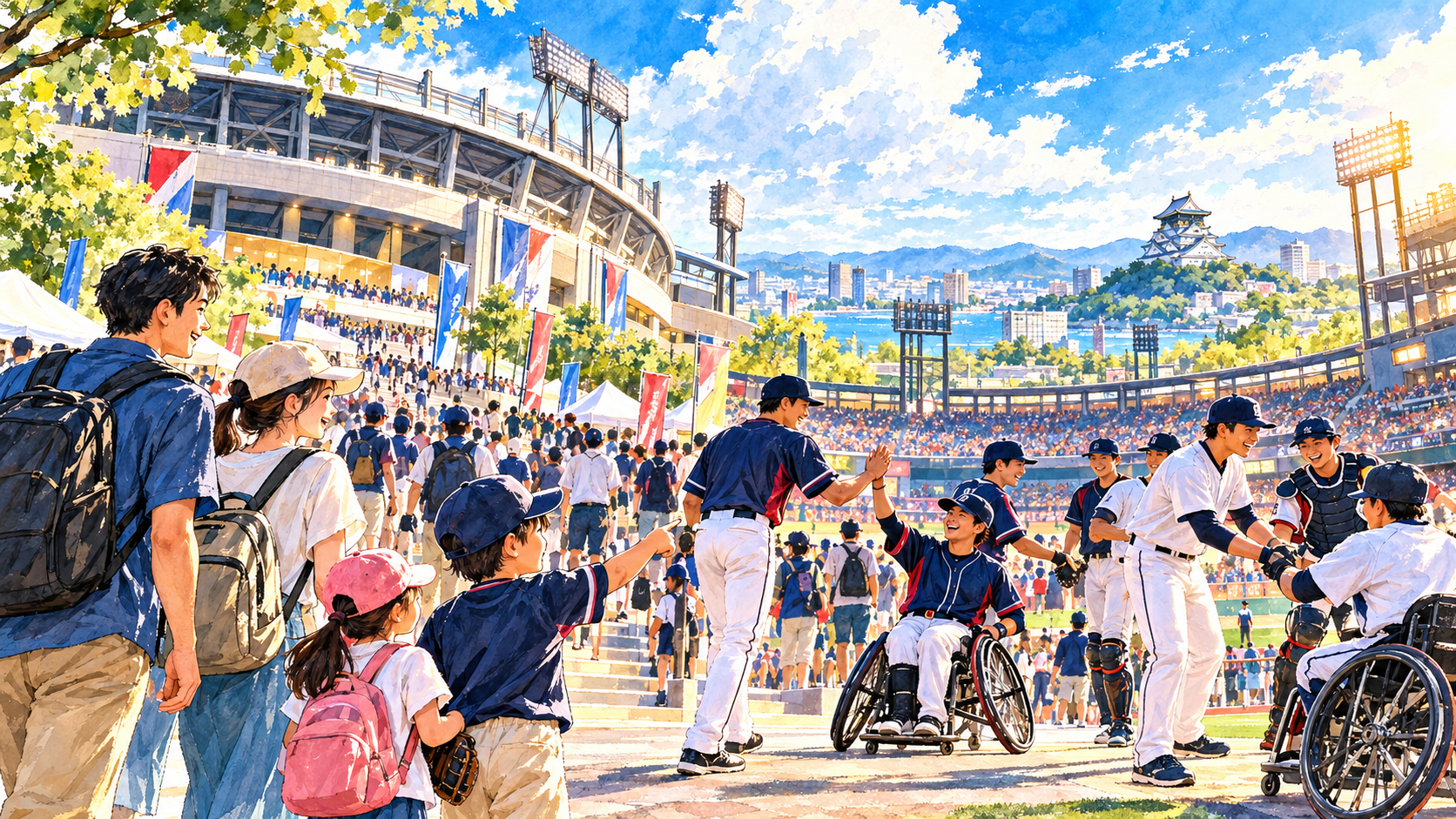北九州の球場へ親子が向かい、身体障害者野球の選手たちと交流する水彩イラスト