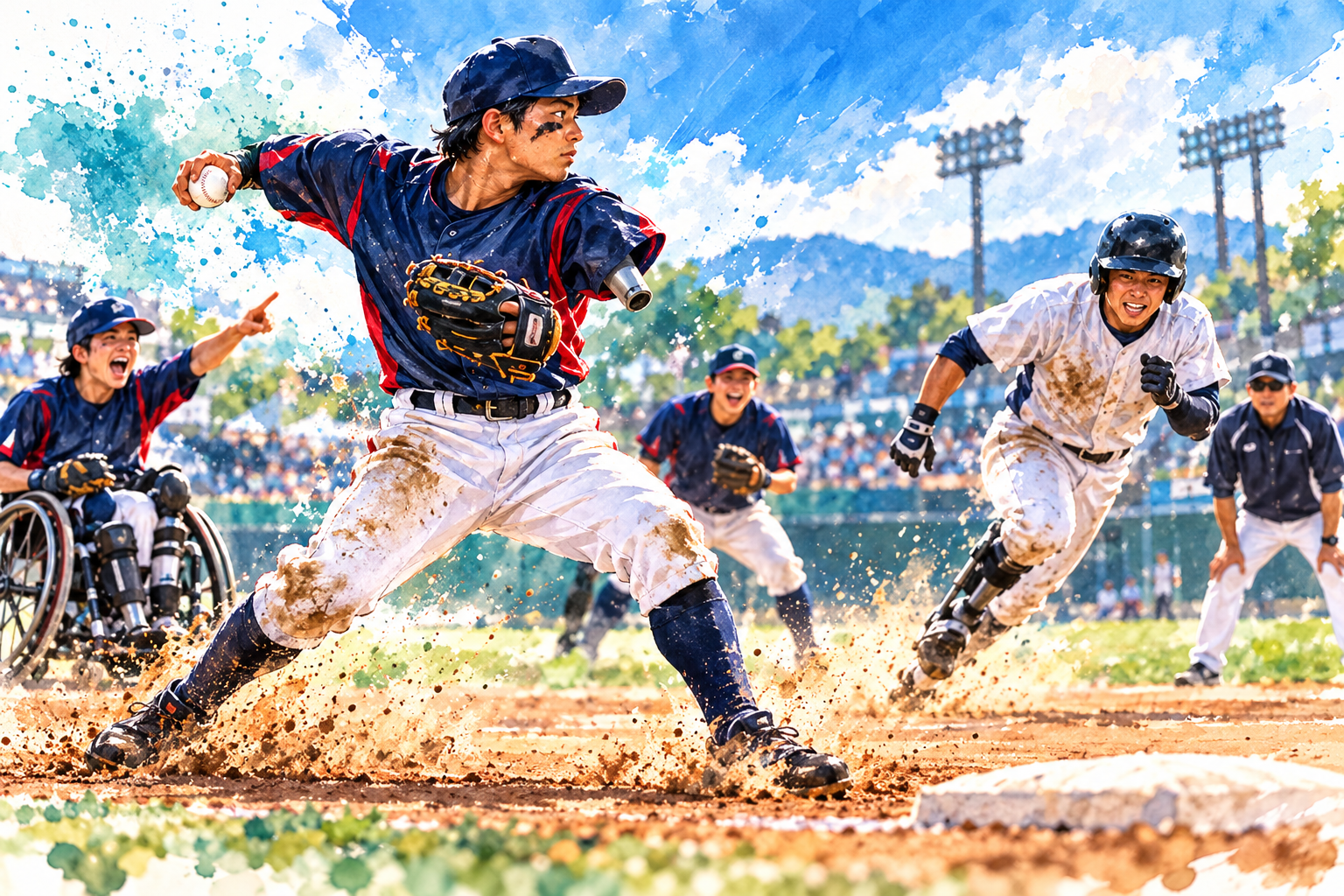 身体障害者野球で選手が捕球から送球へ移り、走者と競う水彩イラスト