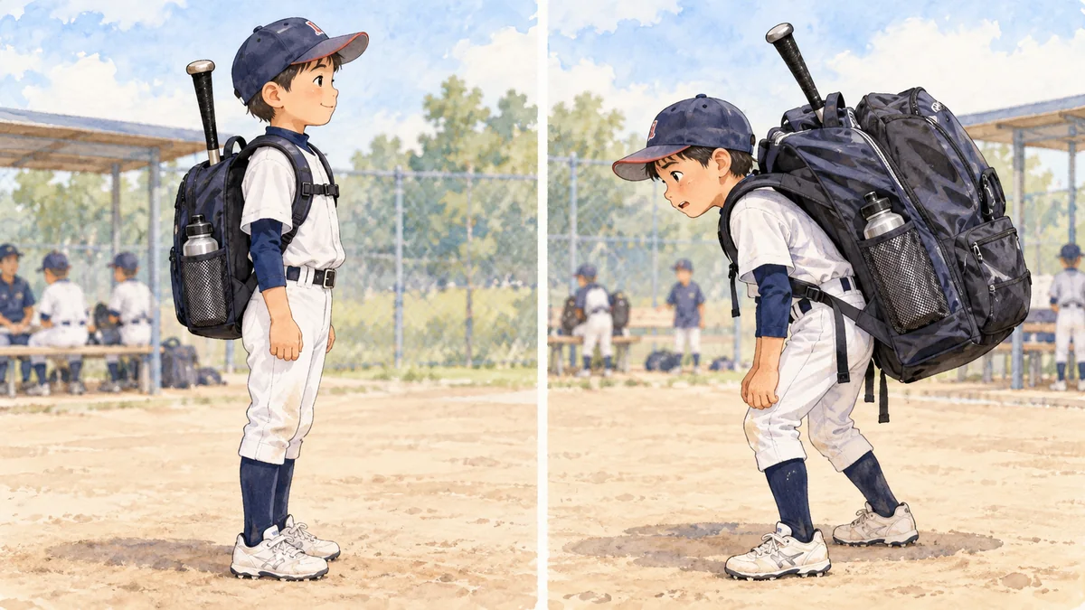 体に合う少年野球リュックと大きすぎるリュックの比較イラスト