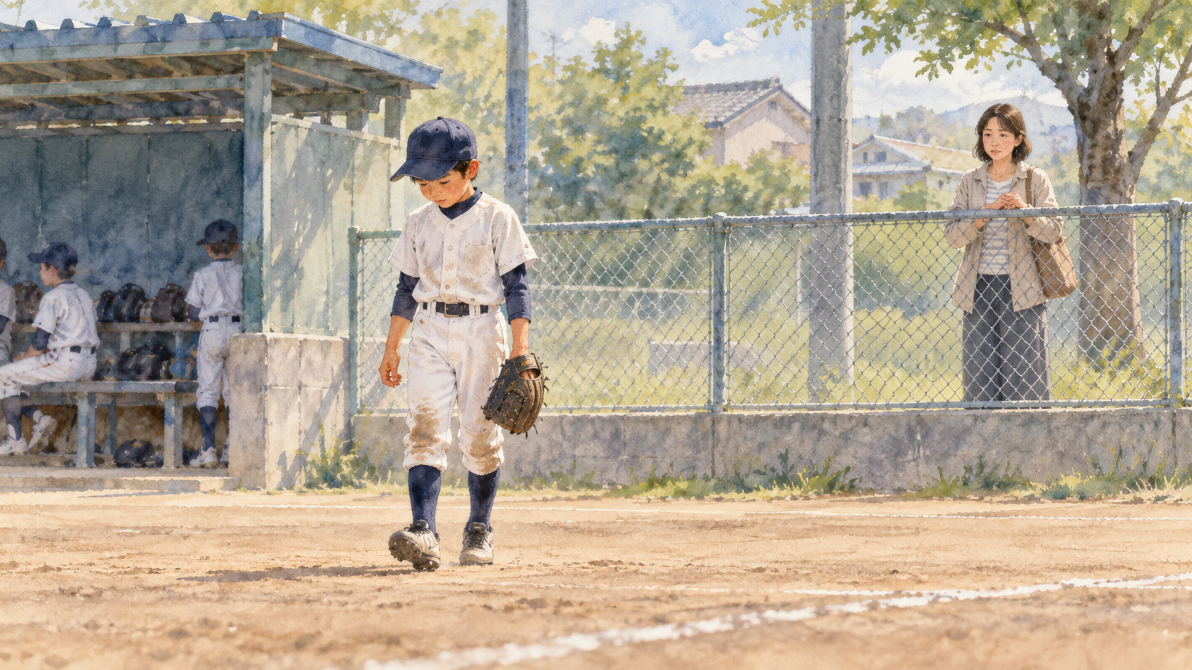 エラー後にベンチへ戻る子どもを静かに見守る親の水彩画