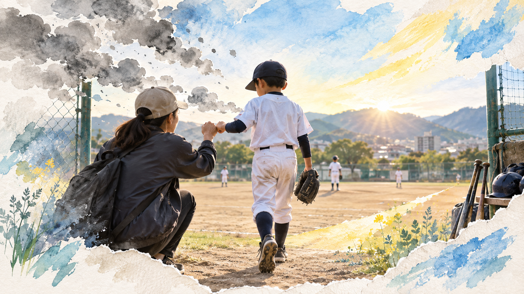 試合前に親と拳を合わせてグラウンドへ向かう少年野球の子ども