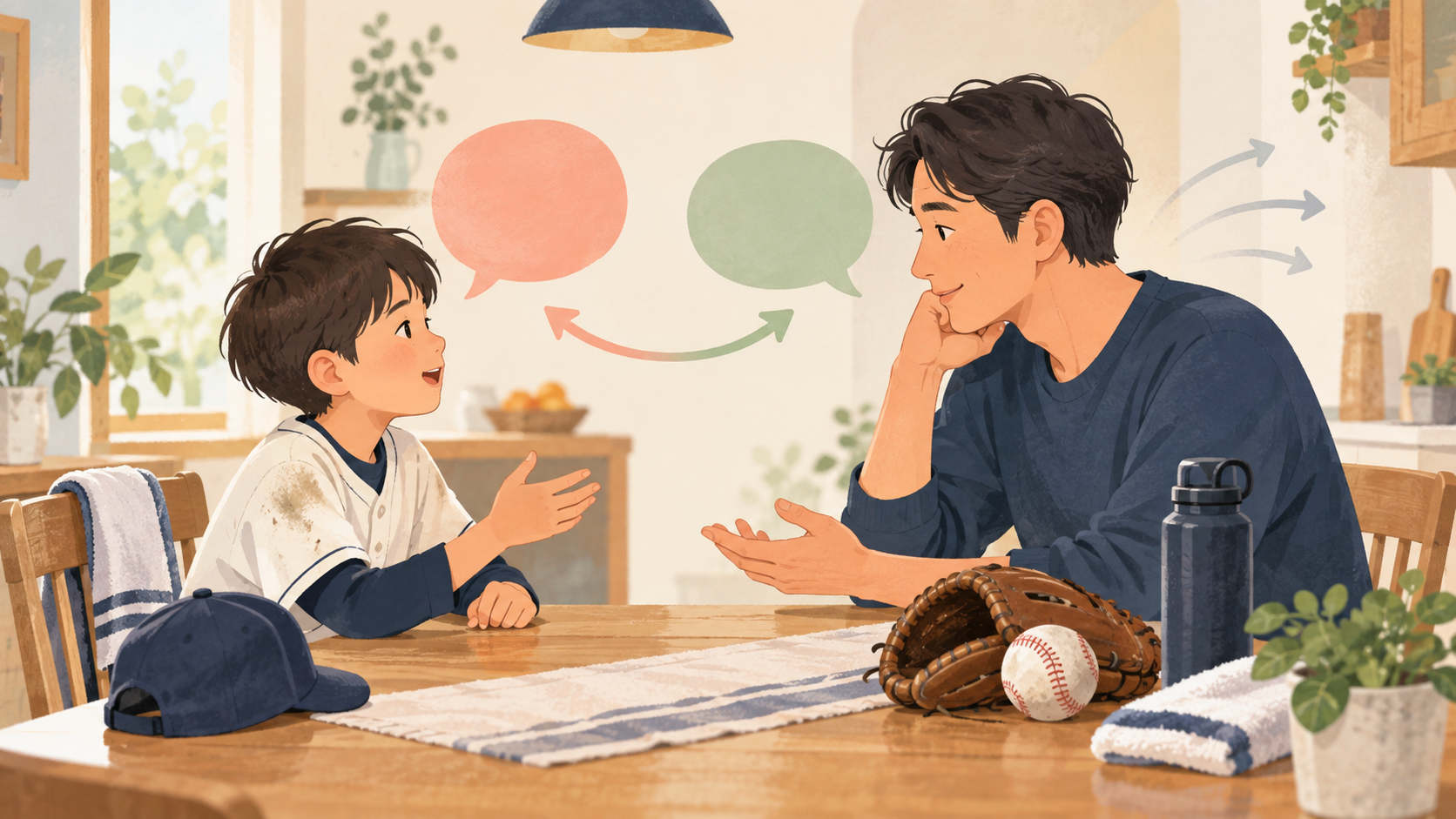 親が指示せず子どもの話を聞く双方向の会話のイラスト
