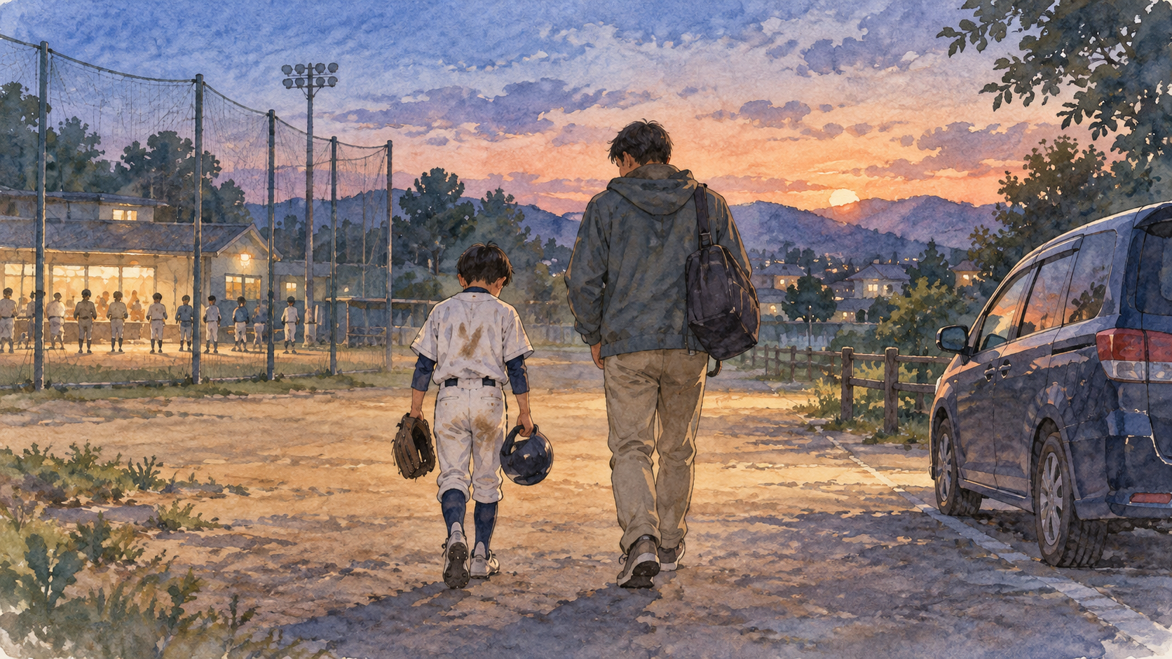 試合後に親子で並んで駐車場へ歩く水彩画