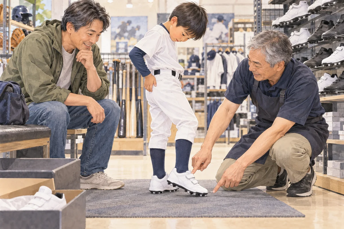 スポーツ店で少年野球スパイクのサイズを確認する親子