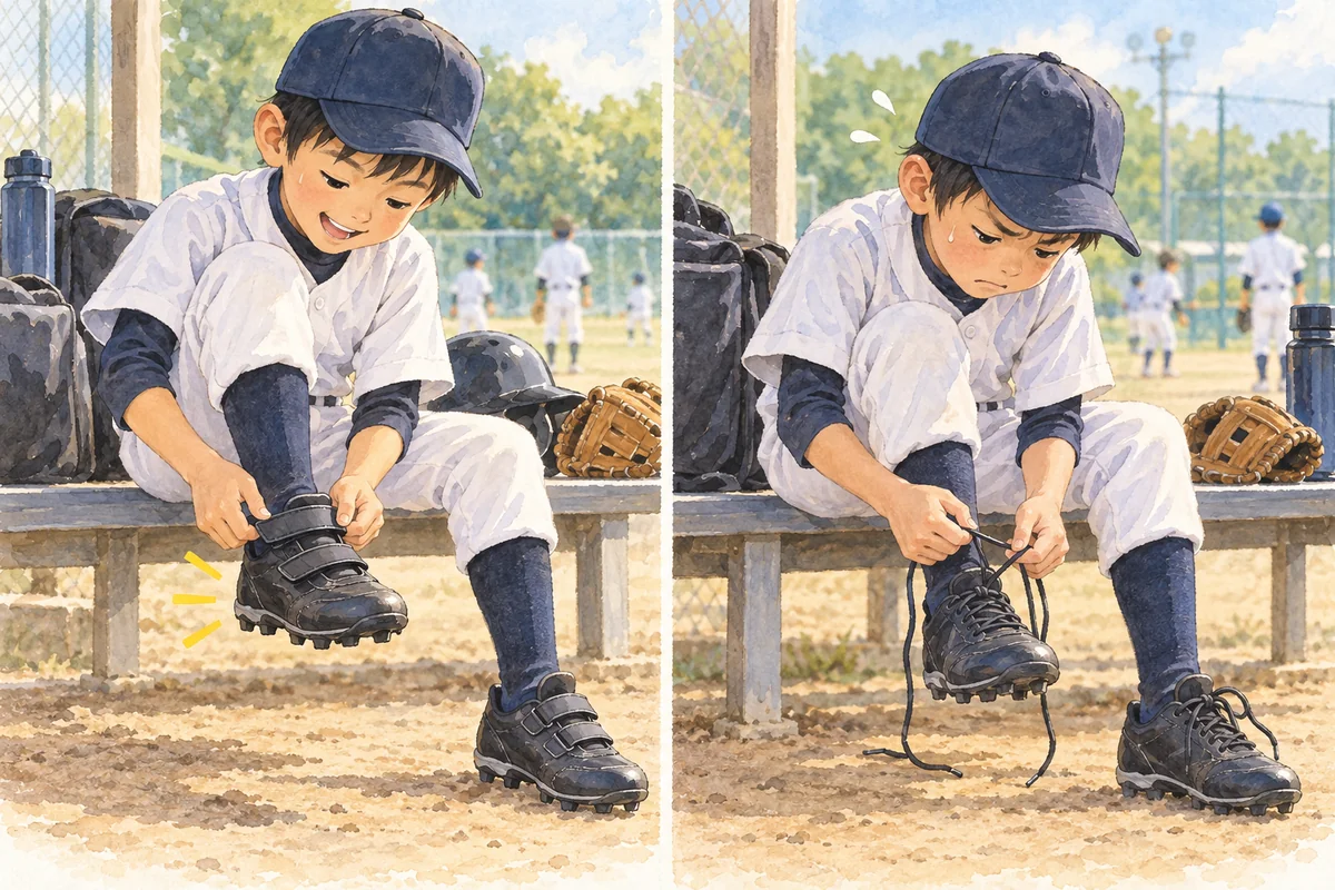 マジックテープ式と紐式の少年野球スパイクを比較するイラスト