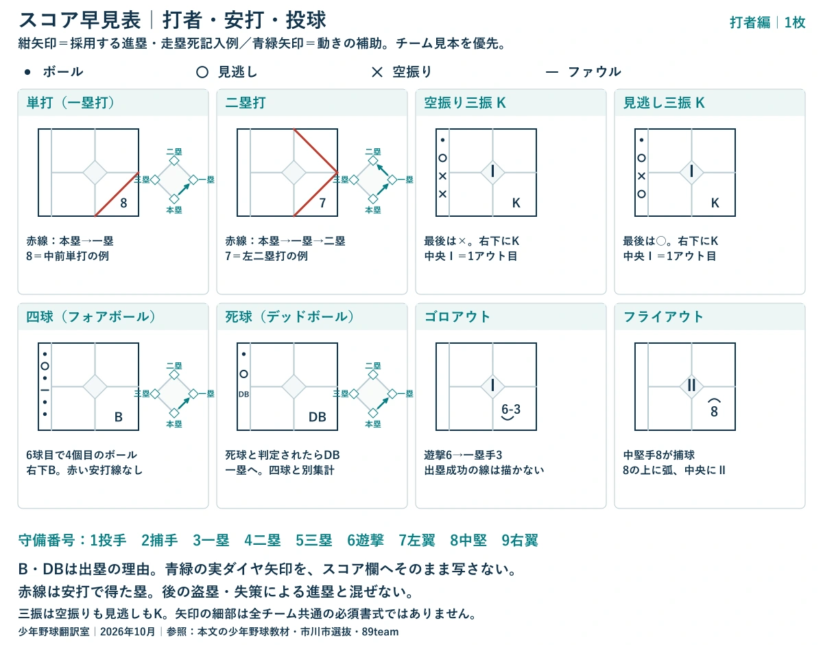 打者・安打・投球の記入例を1枚にまとめた印刷用早見表。空振りも見逃しもK、四球B、死球DB、単打と二塁打の線、ゴロとフライを比較