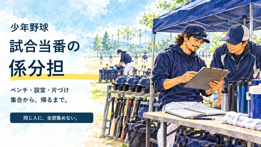 少年野球の試合でパパコーチと保護者が設営、ベンチ記録、選手サポート、片づけを分担するイラスト